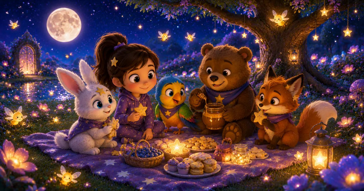 Leni sitzt mit Luna, Fina, Pipo und Bruno bei einem glitzernden Picknick im leuchtenden Mondgarten unter silbernen Blättern, umgeben von Glühwürmchen, Mondblumen und der kleinen Schnecke Mimi.