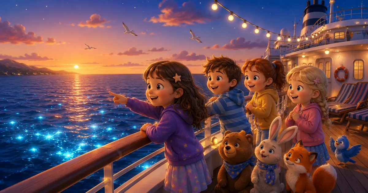 Leni sitzt mit Oskar, Ellen und Thea am Abend auf dem Deck eines großen Weltreiseschiffs, waehrend unter einem Sternenhimmel blaues Meeresleuchten neben dem Schiff funkelt.