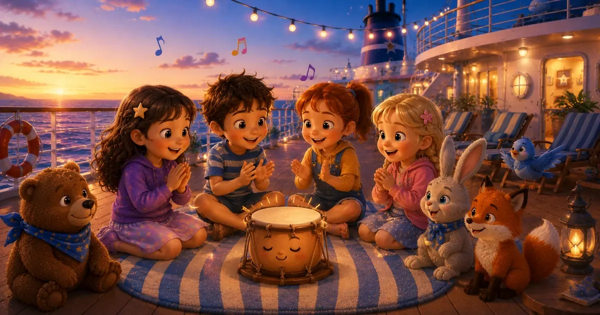 Leni, Oskar, Ellen und Thea sitzen abends auf dem warm beleuchteten Sonnendeck eines Weltreiseschiffs und lauschen einer kleinen Trommel, während das Meer im Mondlicht glitzert.