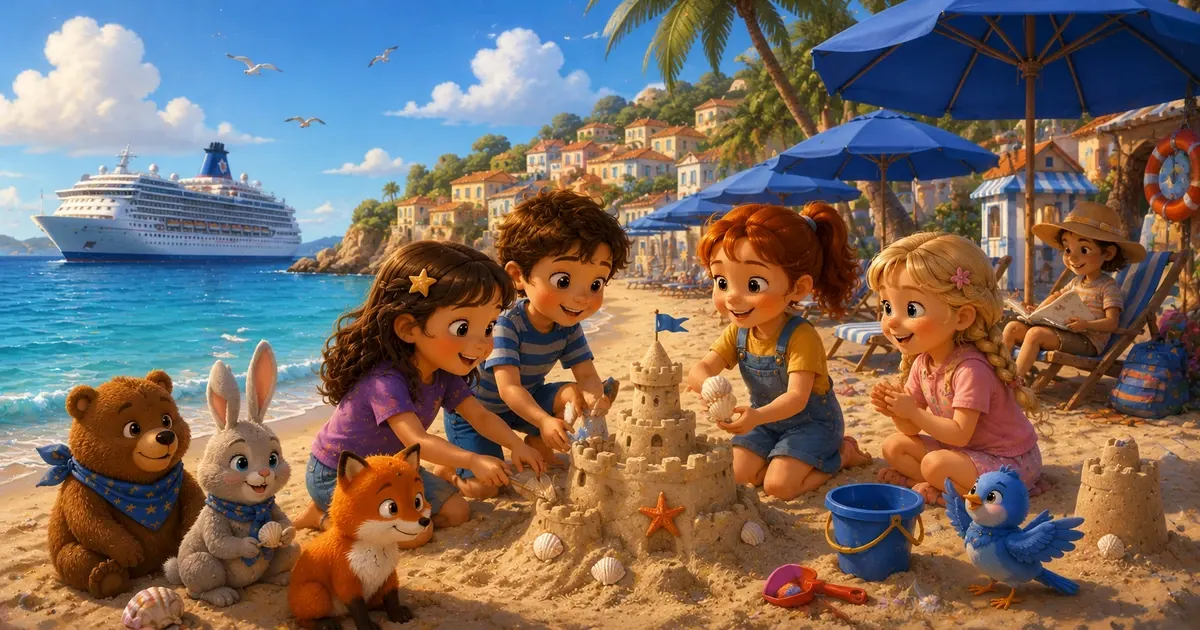 Leni steht mit Oskar, Ellen und Thea an einem sonnigen Inselstrand mit vielen blauen Sonnenschirmen, einem großen Schiff im Hintergrund und einer liebevoll gebauten Sandburg im warmen Abendlicht.